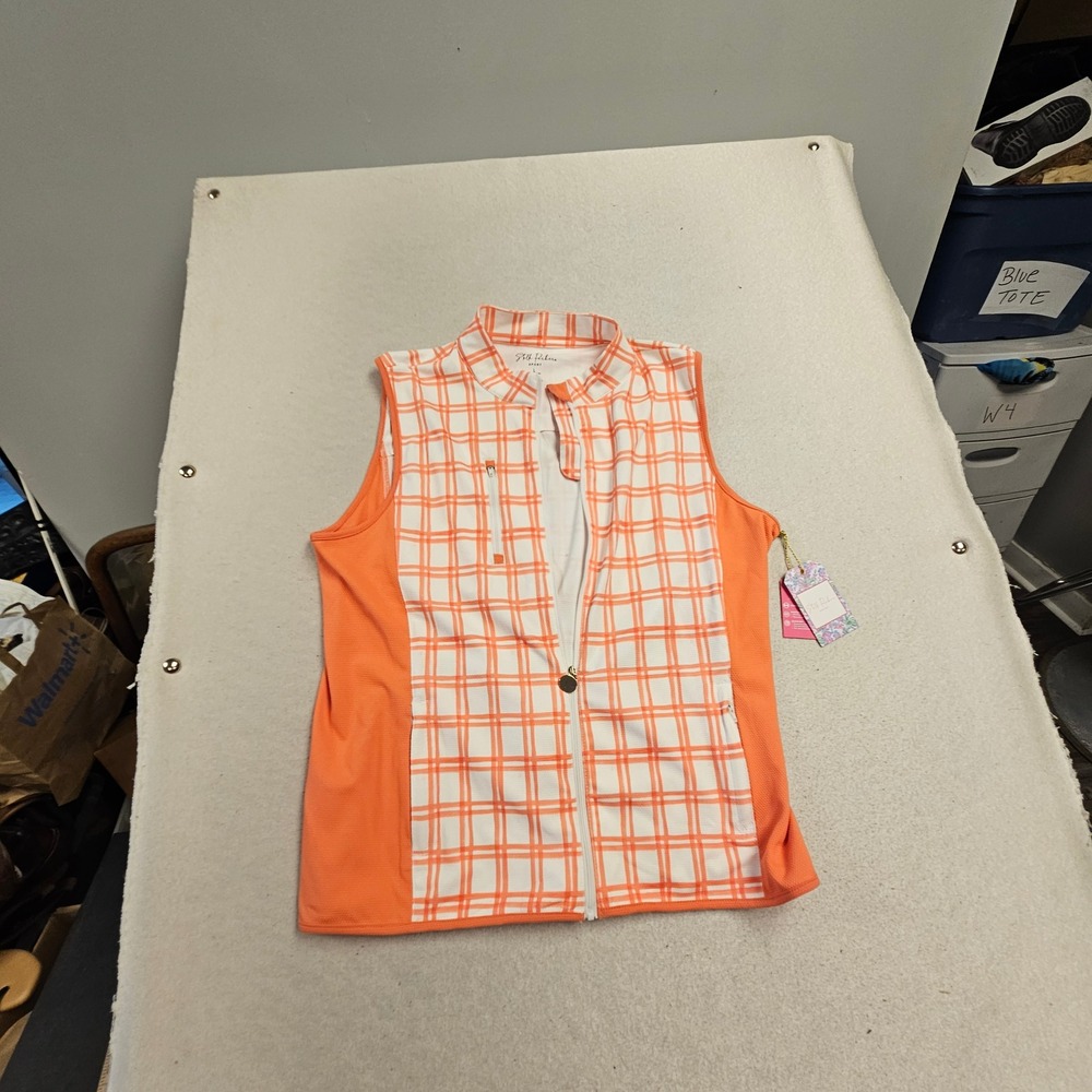Stella Parker Sport Womens Orange Windowpane Plaid Golf Vest UPF 50 Large NEW